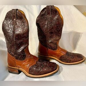BOULET #2050 hand tooled Ranger Chestnut leather cowboy boots square toe sz8